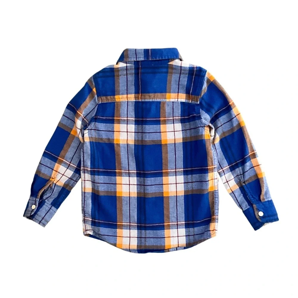 Lot of 2 Boys Shirts OshKosh Flannel Blue Cherokee‎ Plaid Cotton Long Sleeve 6 7